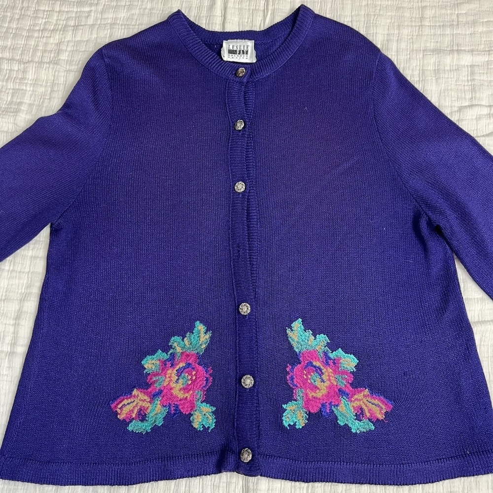 Leslie Fay Vintage Purple cardigan Floral Cardigan Sweater Size PL